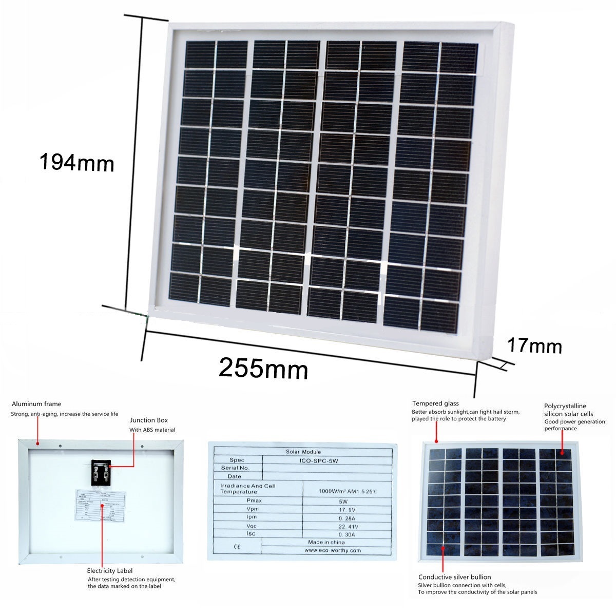 5 Watt 12 Volt DC Polycrystalline Solar Panel